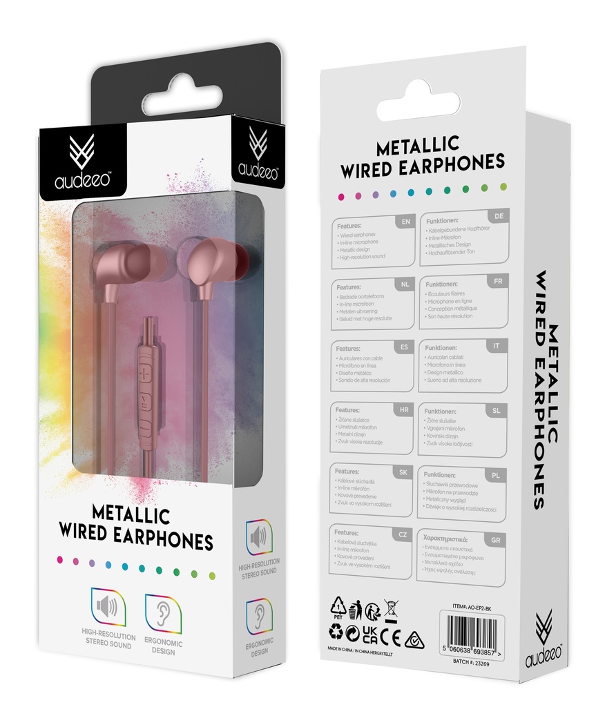 Audeeo Metallic Wired Earphones Rose Gold