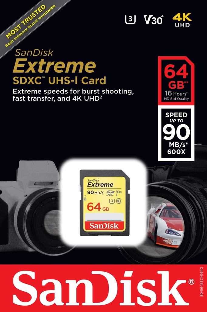 SanDisk 64GB SDXC EXTREME CLASS 10 150/60 V30 UHS-I U3 SDSDXV6-064G-GNCIN